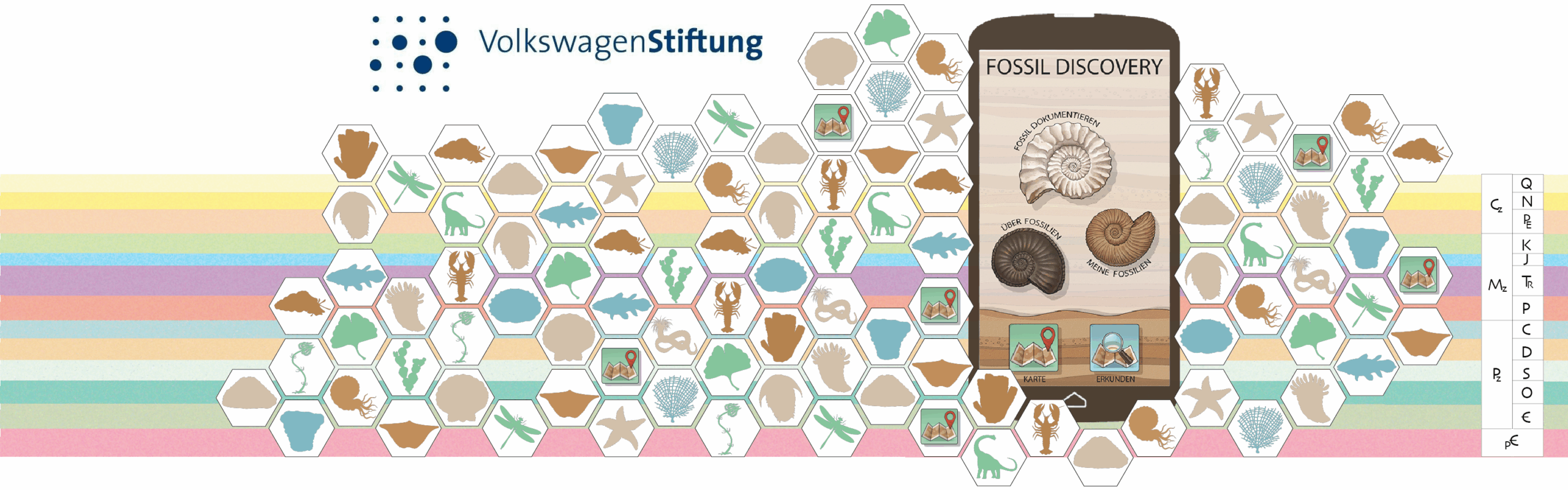 banner for the fossil discovery application with smartphone and fossils in hexagons, colored layers indicate different time periods in earths history